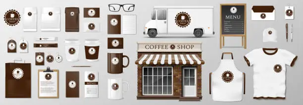 Vector illustration of Mockup set for coffee shop, cafe or restaurant. Coffee food package for corporate identity design. Realistic set of cardboard, Food delivery truck, cup, pack, shirt, menu