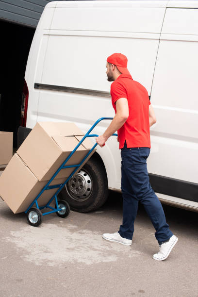 istock side view of delivery man with cardboard boxes on delivery cart 1019217232