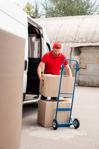 istock young delivery man discharging cardboard boxes from van 1019217288