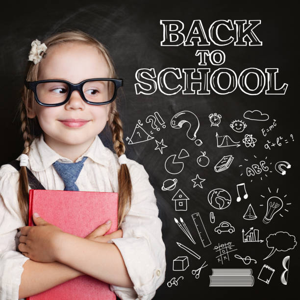 istock Happy schoolgirl student on blackboard background with pattern with handdrawing doodles school supplies and creative elements. Back to school concept 1019219878