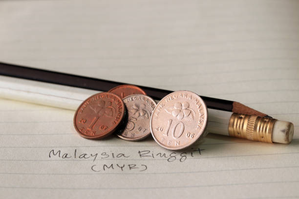 istock Ten sen Malaysia ringgit coin on reverse , Line image of Hibiscus rosa-sinensis and five sen with two coins of one sen, (MYR). 1019221092