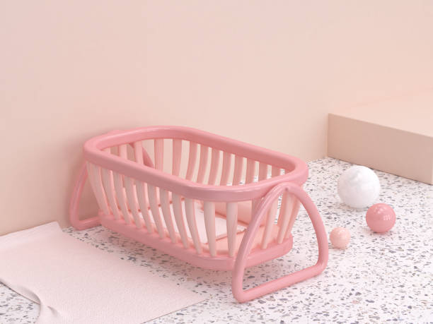 istock 3d rendering marble floor pink wall baby cradle cartoon style 1019223306