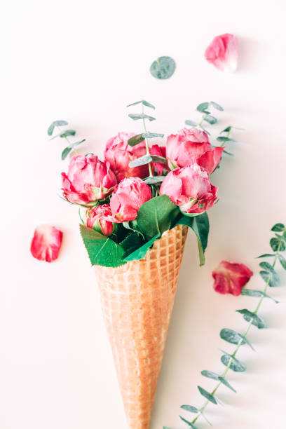 istock Creative minimalist composition with waffle cone with pink roses and eucalyptus inside on white background. 1019223598