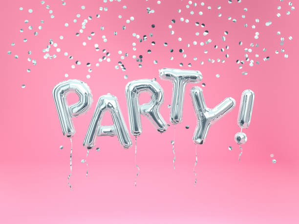 istock Silver foil balloon Party letters, flying word party and falling confetti 1019226334
