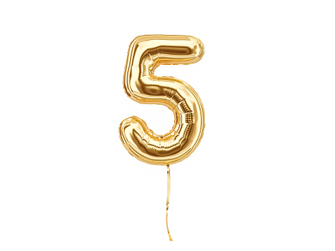 Numeral 5. Foil balloon number five isolated on white background. 3d rendering
