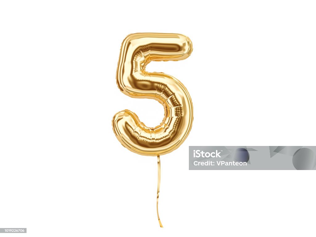 Numeral 5. Foil balloon number five Numeral 5. Foil balloon number five isolated on white background. 3d rendering Number 5 Stock Photo