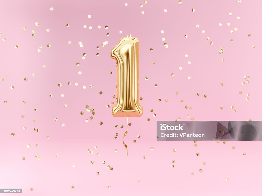 One year birthday. One-year anniversary background. One year birthday. Number 1 flying foil balloon and confetti. One-year anniversary background. 3d rendering Number 1 Stock Photo