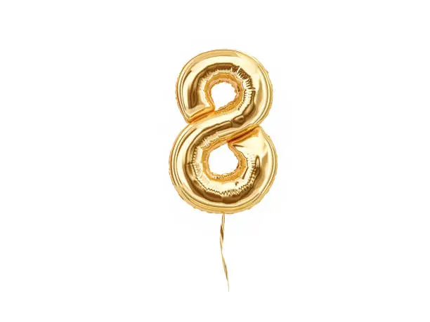 Numeral 8. Foil balloon number eight isolated on white background. 3d rendering