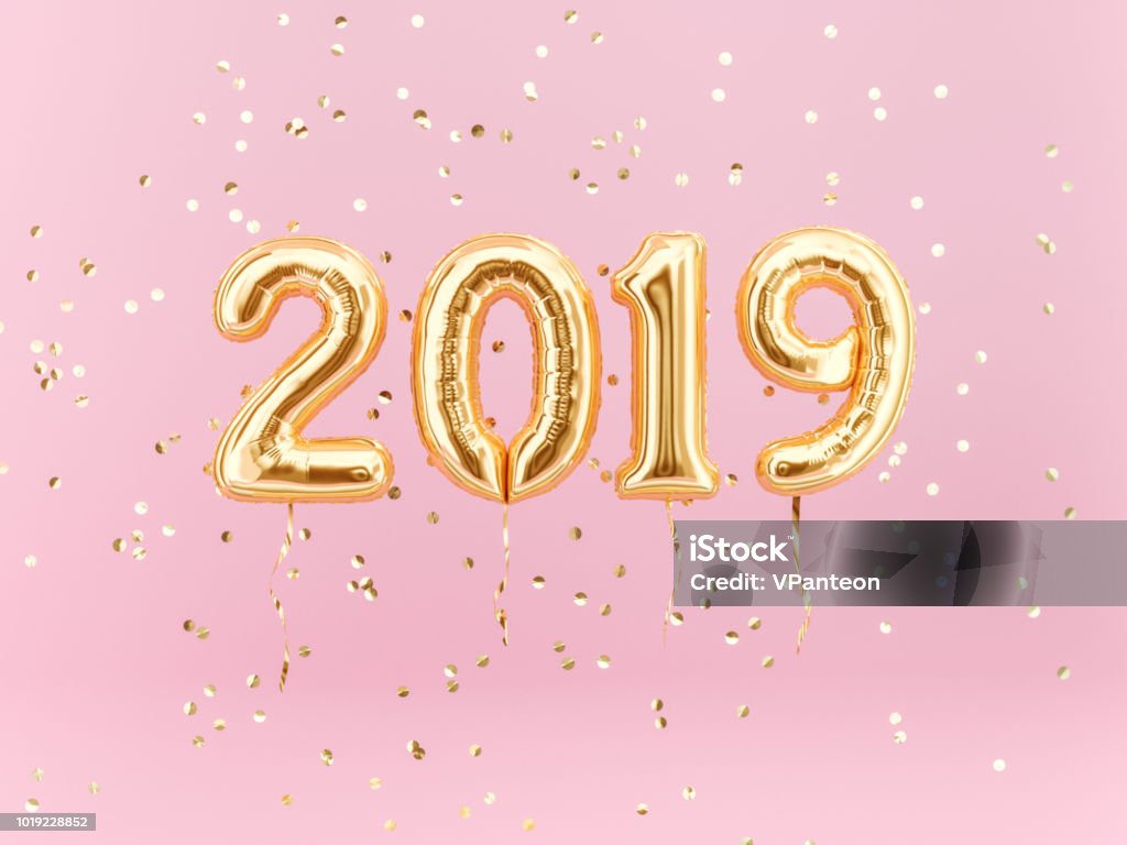 2019 新年祭典。ゴールド箔風船数字 2019 と紙吹雪 - 風船のロイヤリティフリーストックフォト