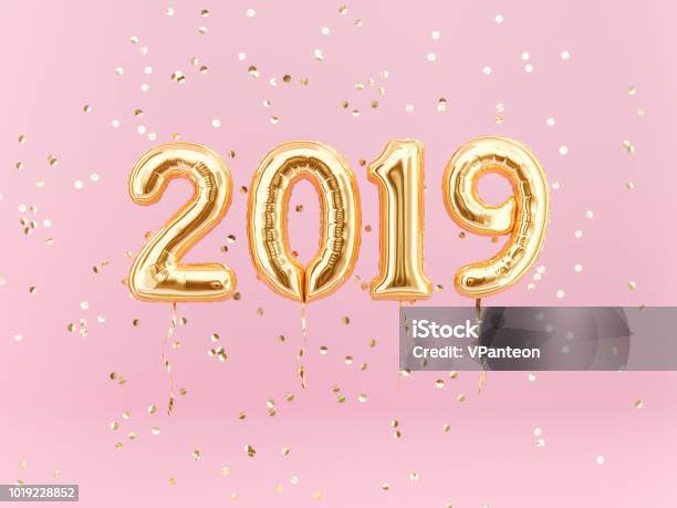 New Year 2019 Celebration Gold Foil Balloons Numeral 2019 And Confetti Stock Photo - Download Image Now