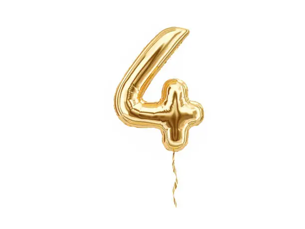 Numeral 4. Foil balloon number four isolated on white background. 3d rendering