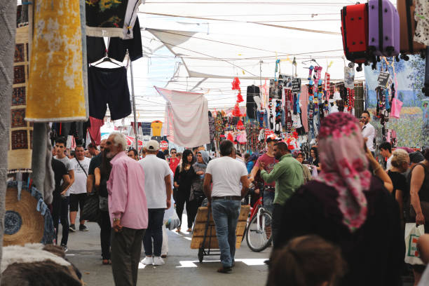 Istanbul, Turkey- August 14, 2018: Public market in Istanbul every week on tuesdays, fresh organic fruits and vegs sold by farmers in the popular touristic destination.