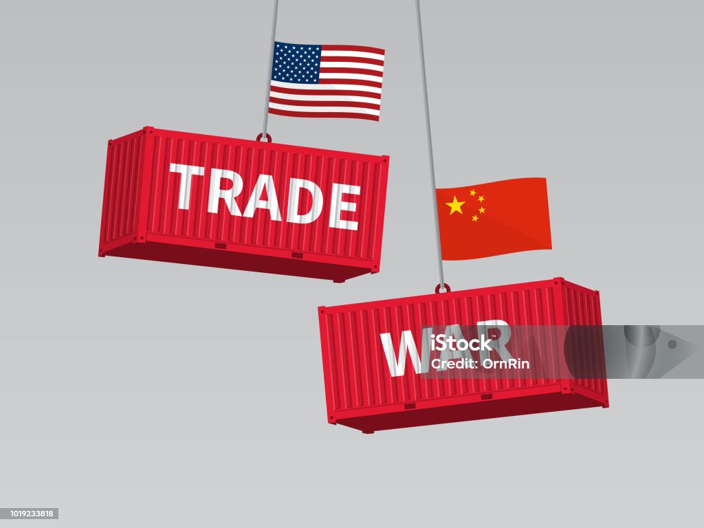 USA et Chine commerce guerre concept, conteneurs de fret avec indicateur. - clipart vectoriel de Chine libre de droits