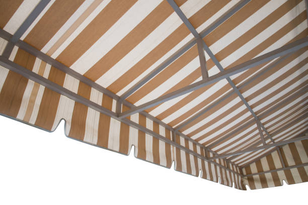 istock white and brown striped awning isolate on white background. 1019234686