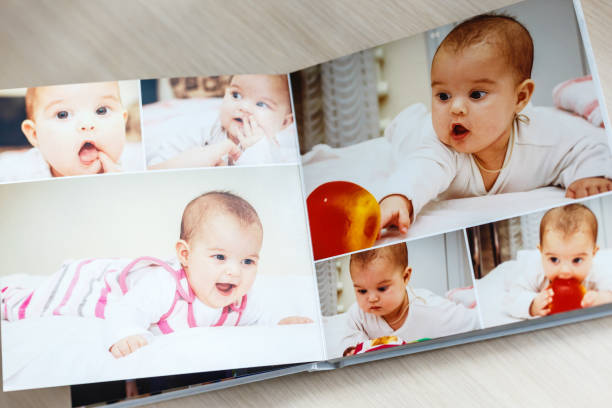 istock High angle view open book with album at home 1019237512