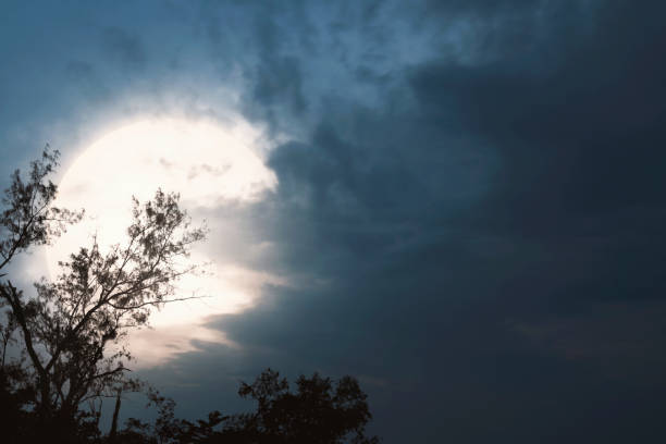 Spooky night scene with moon and dark clouds on the sky