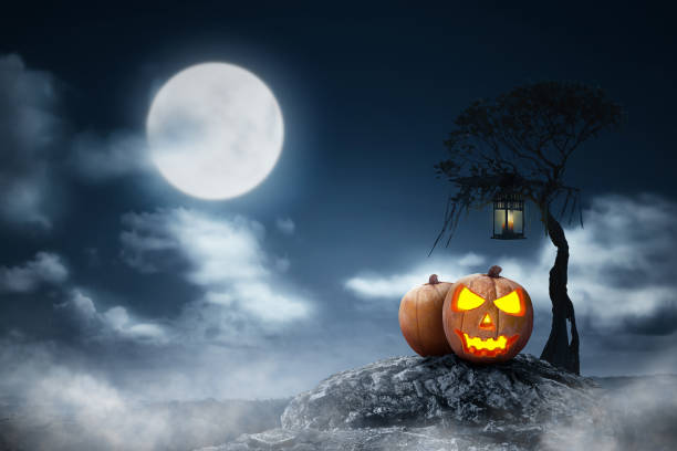 istock Jack-o-lantern above the rock with lantern hanging on the branch 1019242066