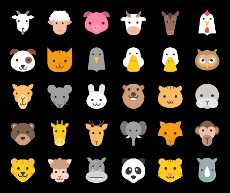 cute animal face included farm, forest and African animals, flat design