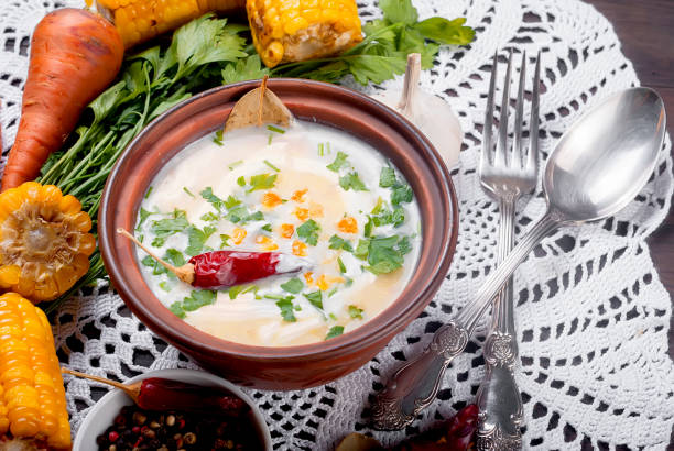 istock corn cream soup with sour cream and herbs 1019259640