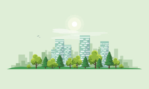 Urban City Landscape Street Road with Trees and Skyline Background Flat vector illustration of urban road landscape street with city office house buildings and green trees on skyline background in cartoon style. environment illustrations stock illustrations