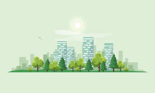 Vector illustration of Urban City Landscape Street Road with Trees and Skyline Background
