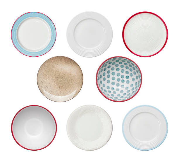 коллекция тарелок с различными орнаментами, изолированными на белом фоне - blue bowl brown ceramic стоковые фото и изображения