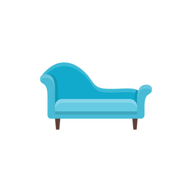Blue chaise lounge sofa. Vector illustration. Flat icon of settee. Front view. Blue chaise lounge sofa. Vector illustration. Flat icon of settee. Element of modern home & office furniture. Front view. chaise longue stock illustrations