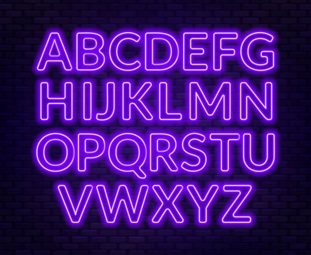 istock Neon purple alphabet on brick wall background. Capital letter. 1019274438