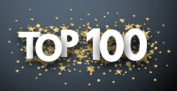 Top 100 sign with gold stars. Rating or hit-parade header. Vector background.
