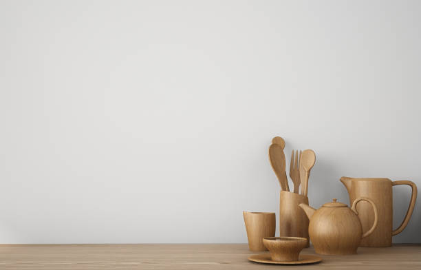 istock Workspace of kitchenware and stationary on wood table and white background 1019274712