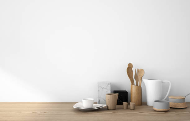 istock Workspace of kitchenware and stationary on wood table and white background 1019274872