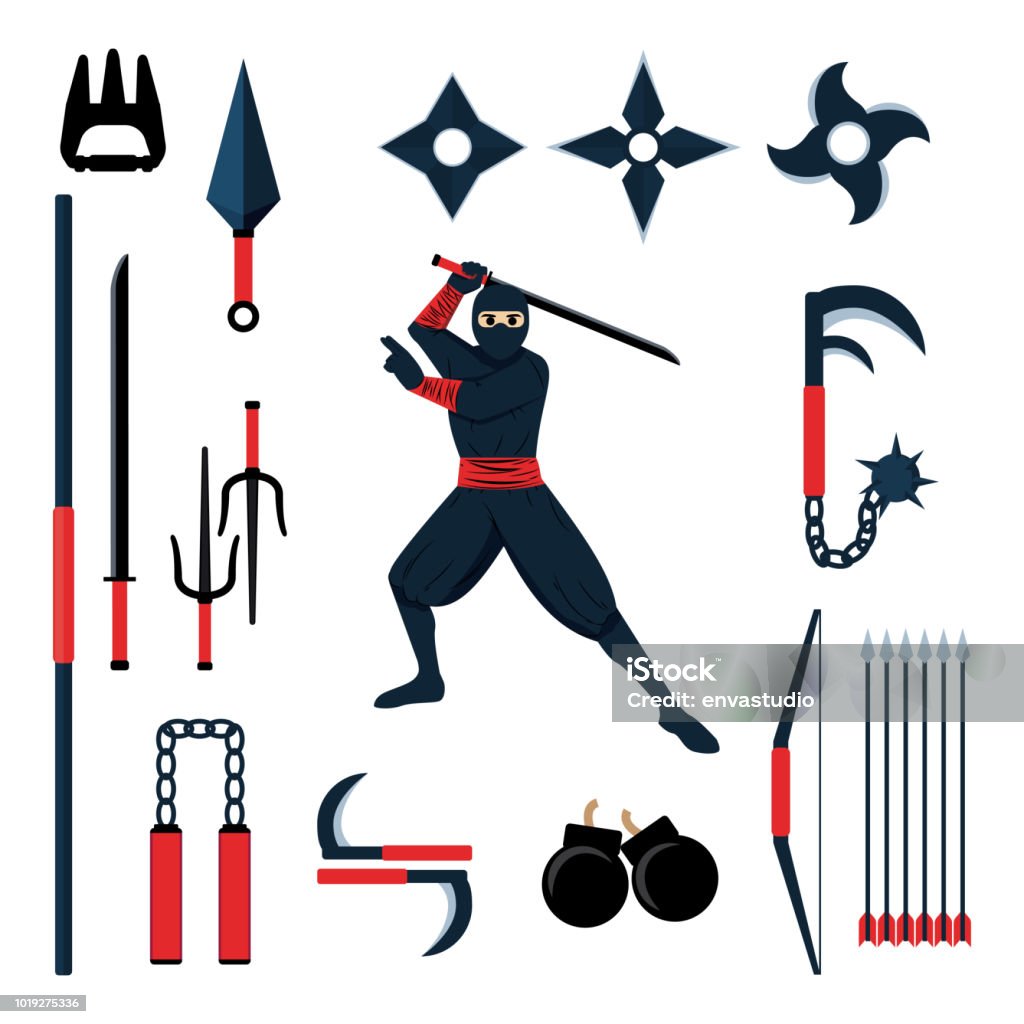 Ninja Character with Set of Japanese Ninja Weapons Japanese ninja illustration isolated on white background Ninja stock vector