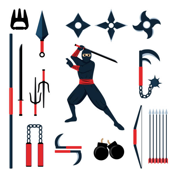 Ninja Character with Set of Japanese Ninja Weapons Japanese ninja illustration isolated on white background drawing of the shuriken stock illustrations