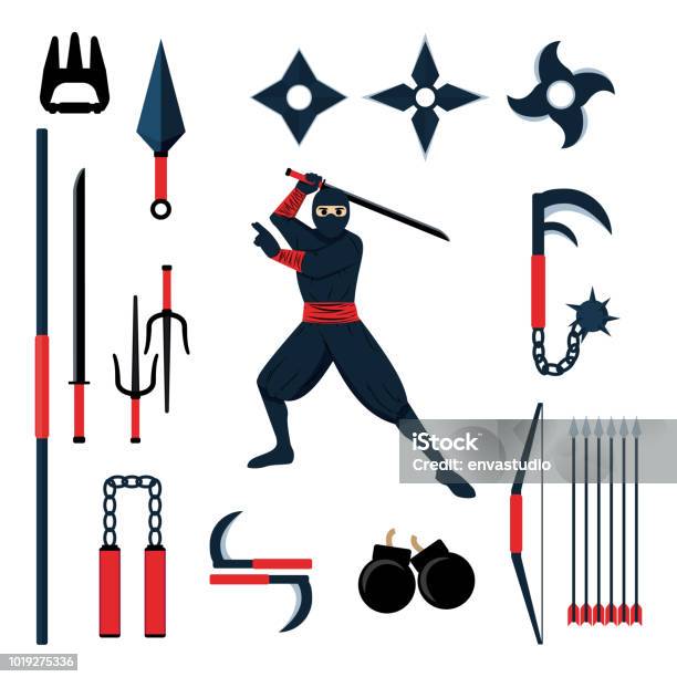 Ninja Character With Set Of Japanese Ninja Weapons Stock Illustration - Download Image Now - Ninja, Cartoon, Illustration