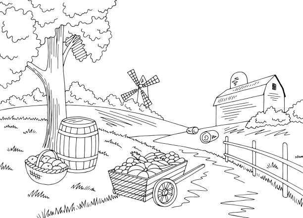 ilustrações, clipart, desenhos animados e ícones de colheita de culturas gráfico preto branco paisagem outono fazenda desenho ilustração vector - farm vegetable black landscape