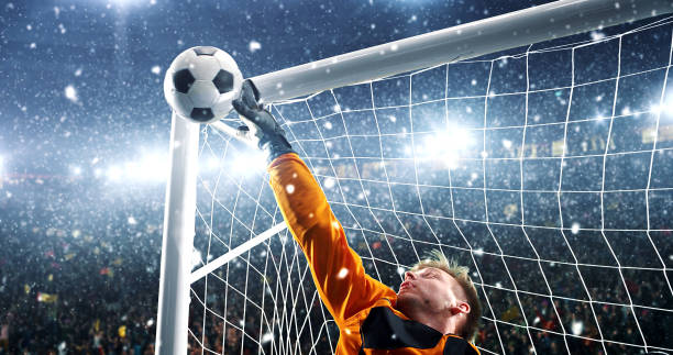istock Goalkeeper tries to save from a goal on a professional soccer stadium while it's snowing. 1019280350