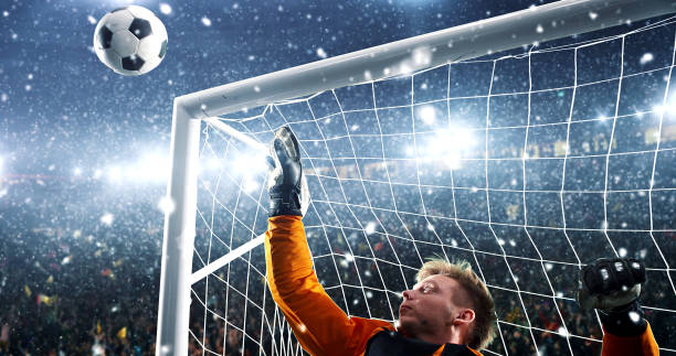 istock Goalkeeper tries to save from a goal on a professional soccer stadium while it's snowing. 1019280372