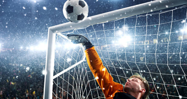 istock Goalkeeper tries to save from a goal on a professional soccer stadium while it's snowing. 1019280402