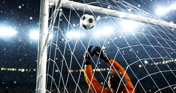 istock Goalkeeper tries to save from a goal on a professional soccer stadium while it's snowing. 1019280420