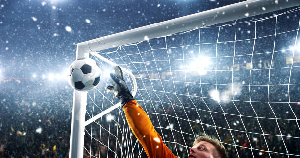 istock Goalkeeper tries to save from a goal on a professional soccer stadium while it's snowing. 1019280436