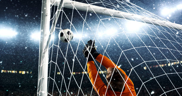 istock Goalkeeper tries to save from a goal on a professional soccer stadium while it's snowing. 1019280454