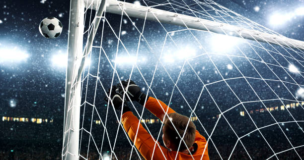 istock Goalkeeper tries to save from a goal on a professional soccer stadium while it's snowing. 1019280456