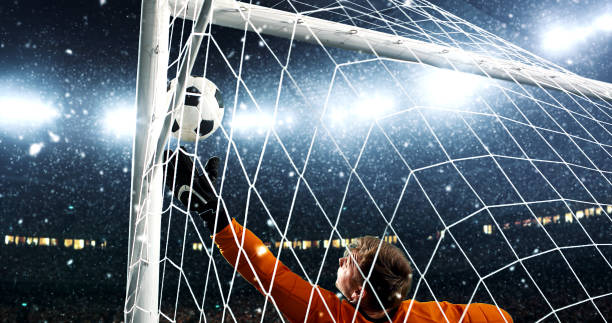 istock Goalkeeper tries to save from a goal on a professional soccer stadium while it's snowing. 1019281418