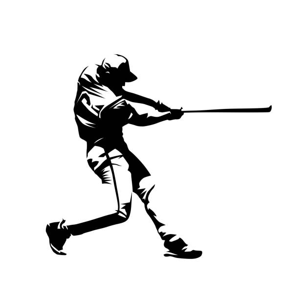 бейсболист, нападающий размахивая битой, абстрактный изолированный силуэт вектора, рисунок чернил - silhouette running cap hat stock illustrations
