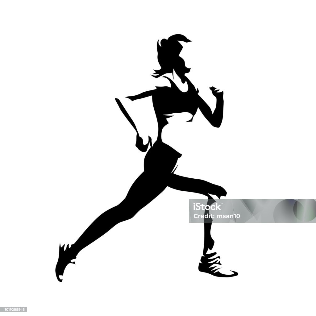 Running woman, side view, isolated vector silhouette. Active girl. Ink drawing Women stock vector