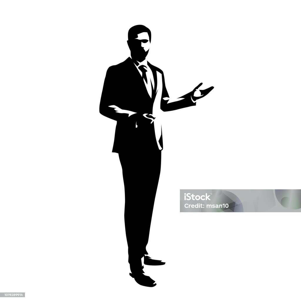 Businessman standing  and presenting ideas, isolated vector silhouette. Abstract ink drawing od man in suit. Business people, front view Cut Out stock vector