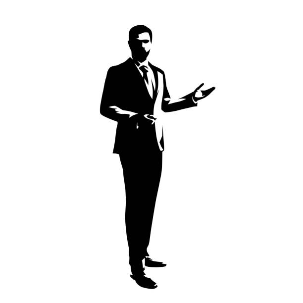 Businessman standing  and presenting ideas, isolated vector silhouette. Abstract ink drawing od man in suit. Business people, front view Businessman standing  and presenting ideas, isolated vector silhouette. Abstract ink drawing od man in suit. Business people, front view manager drawings stock illustrations