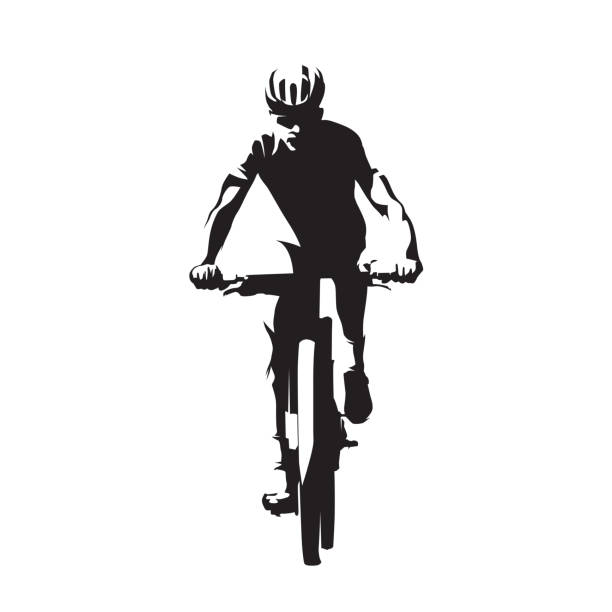 자전거, mtb, 산악 자전거 고립 벡터 실루엣. 내리막 자전거 타는 사람, 전면 보기 - 산악 자전거 자전거 타기 stock illustrations
