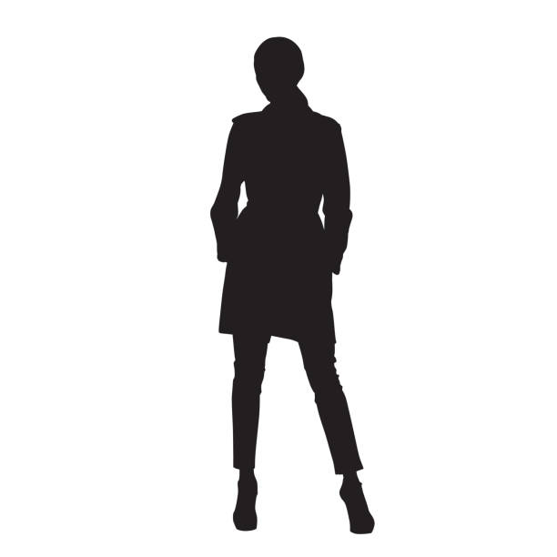 ilustrações, clipart, desenhos animados e ícones de modelo mulher posando e em pé com as pernas separadas, frente vista. silhueta de vetor isoladas. desfile de moda. roupas de outono - shoe high heels tall women