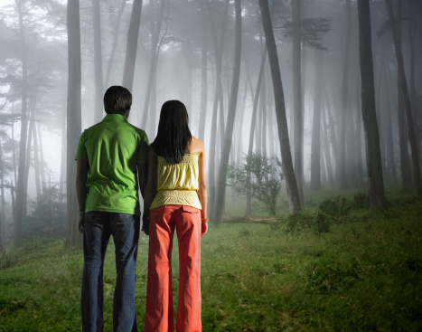 A young man and woman looking into a misty forest.